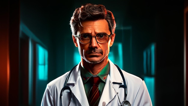 a man in a lab coat is standing in front of a green background