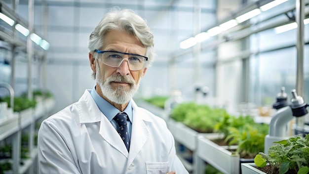 a man in a lab coat is standing in a greenhouse with plants