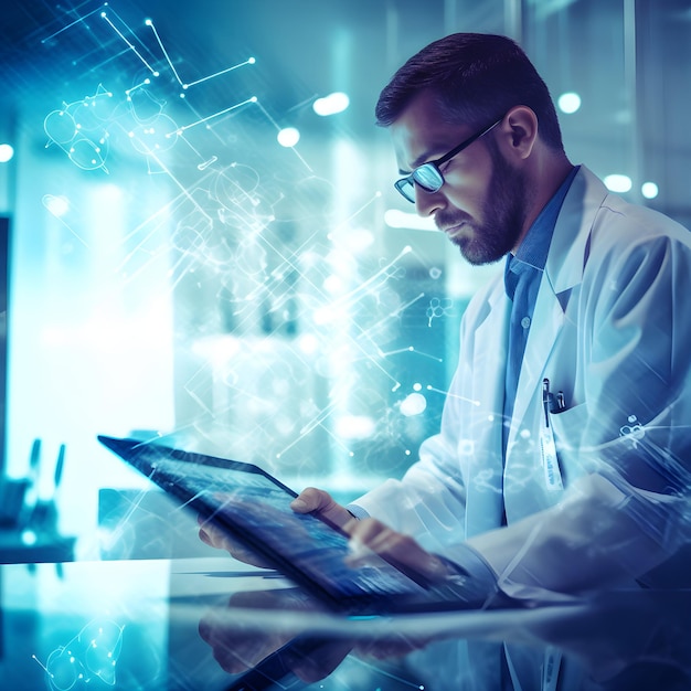 A man in a lab coat is using a tablet computer.