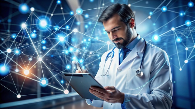 a man in a lab coat is using a tablet with a stethoscope on it