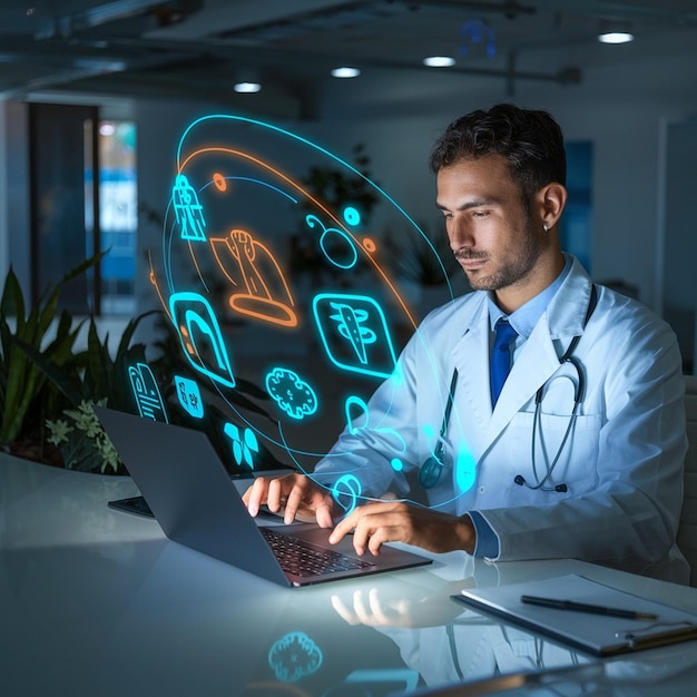 Photo a man in a lab coat is working on a laptop