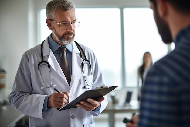 a man in a lab coat is writing with a stethoscope