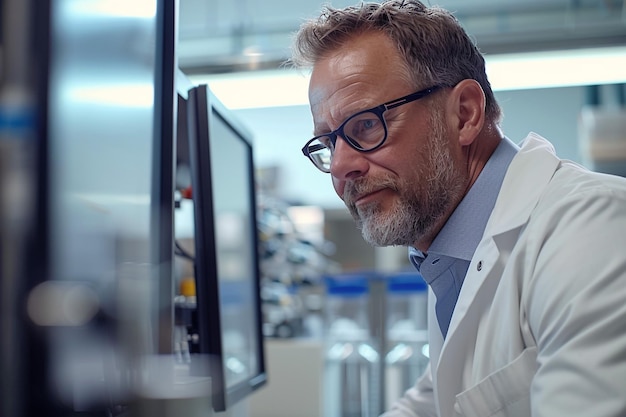 Photo a man in a lab coat looks at a computer screen