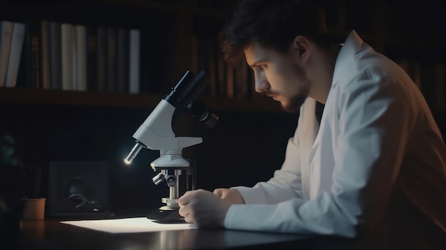 A man in a lab coat looks at a microscope.