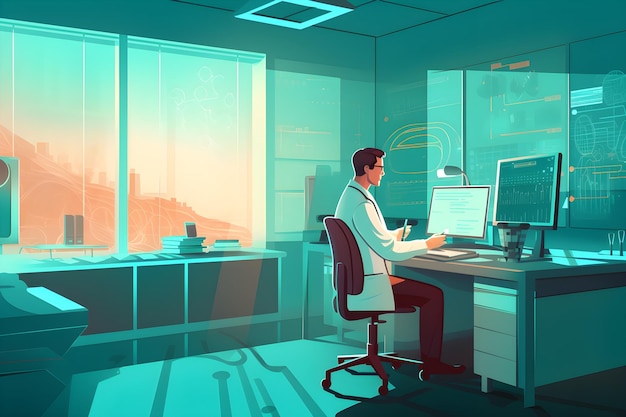 Photo a man in a lab coat sits at a desk in front of a large window.