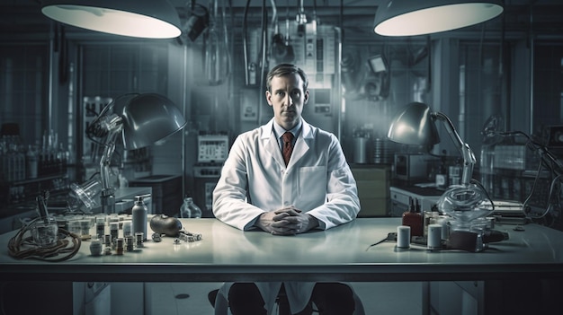 A man in a lab coat sits in front of a table with many objects on it.