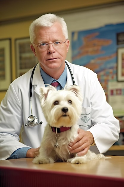 A man in a lab coat sitting at a desk with a dog generative ai image