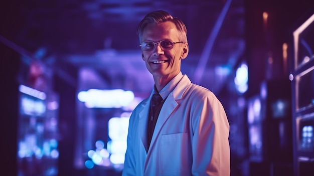 A man in a lab coat smiles at the camera.