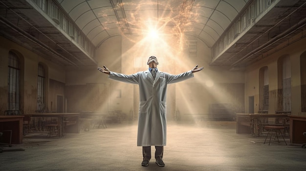 A man in a lab coat stands in a dark room with his arms outstretched.