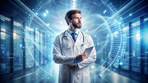 a man in a lab coat stands in front of a blue background with a blue and white image of a doctor