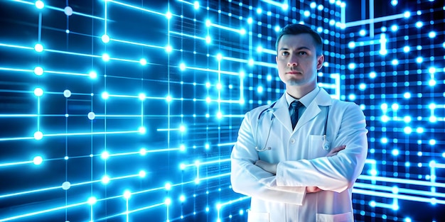 a man in a lab coat stands in front of a blue background with a stethoscope around his neck