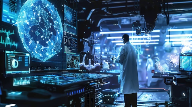 Photo a man in a lab coat stands in front of a computer screen with a blue background with a planet in the