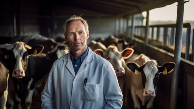 a man in a lab coat stands in front of cows