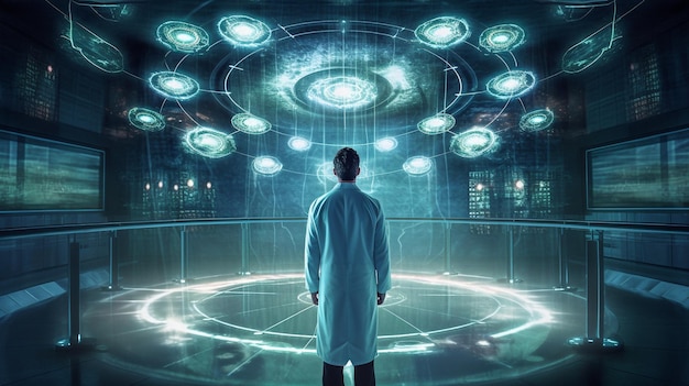 A man in a lab coat stands in front of a glowing ceiling with a blue light that says'the future is '