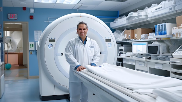 Photo a man in a lab coat stands in front of a large white and blue wall