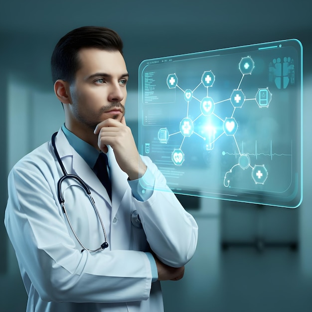 a man in a lab coat stands in front of a medical screen