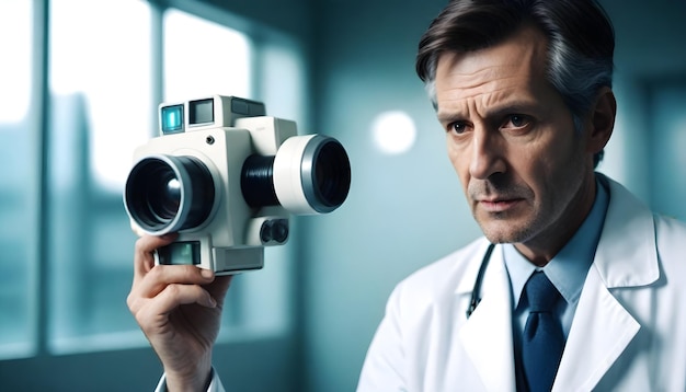 a man in a lab coat stands in front of a monitor with a stethoscope on it