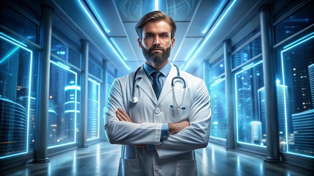 a man in a lab coat stands in a hospital room with a stethoscope on his chest