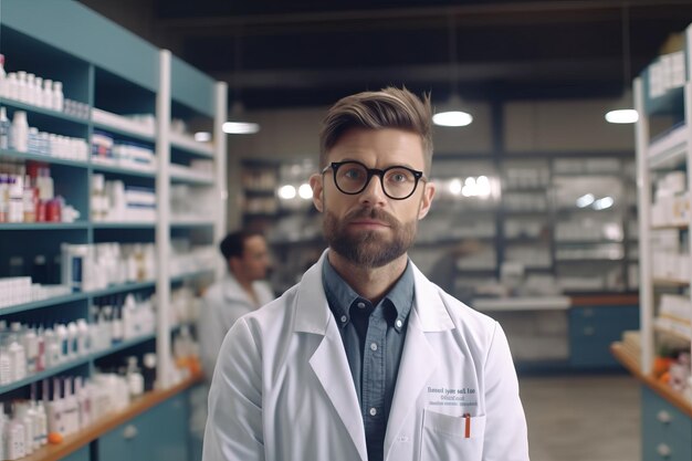 A man in a lab coat stands in a pharmacy.