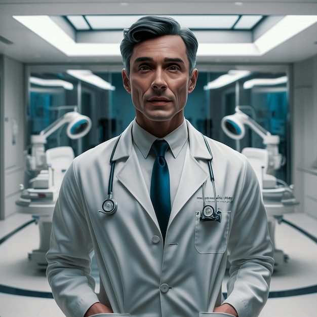 a man in a lab coat stands in a room with a large mirror behind himmale doctor