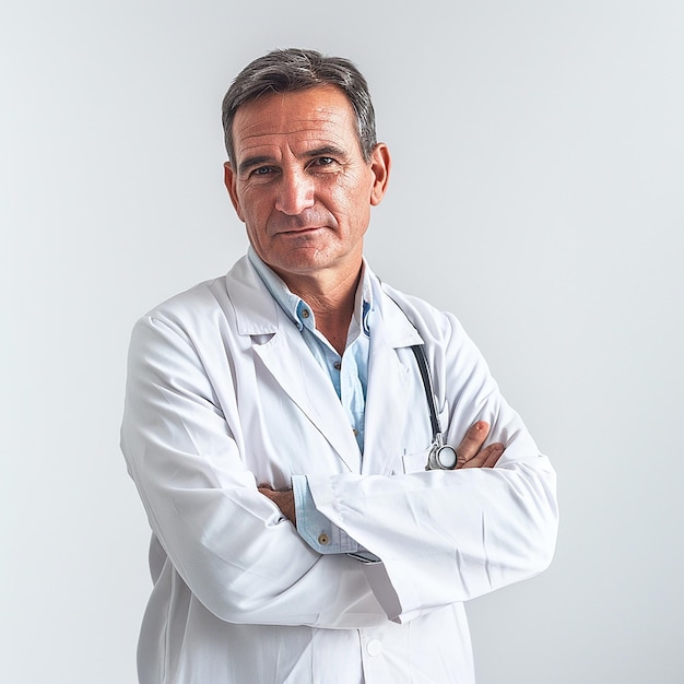 a man in a lab coat stands with his arms crossed