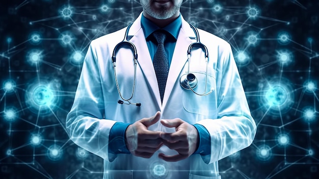 A man in a lab coat and stethoscope stands in front of a digital screen with a network of dots.