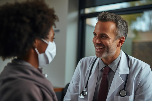 Man in Lab Coat Talking to Woman in Medical Gown