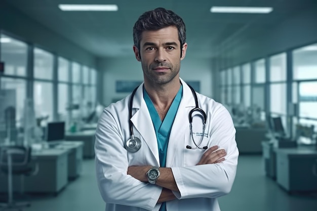 A man in a lab coat with a stethoscope on his neck stands in a hospital room.