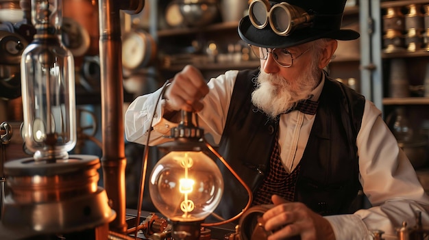 a man in a lab with a glass bottle and a glass jar with a cap on it