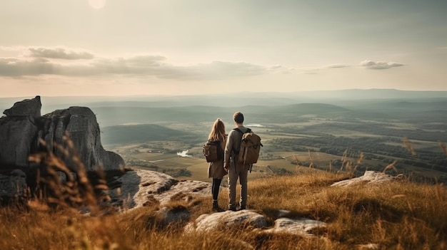 A man and a lady in traveler gear are standing on a shake and with respect to the all counting see Creative resource AI Generated