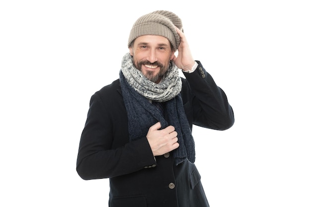 Man laugh and wear winter warm clothes isolated on white background studio shot of man