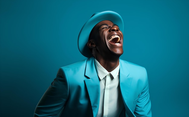 A man laughing in blue suit and hat