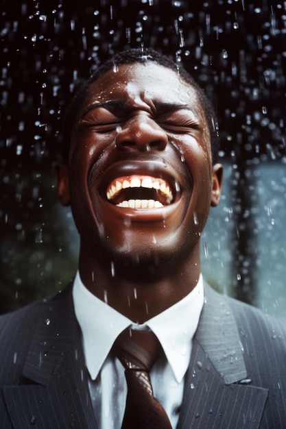 A man laughing in the rain with his eyes closed and his mouth open.