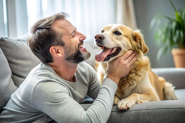 Photo man laughing while dog licks his face on couch