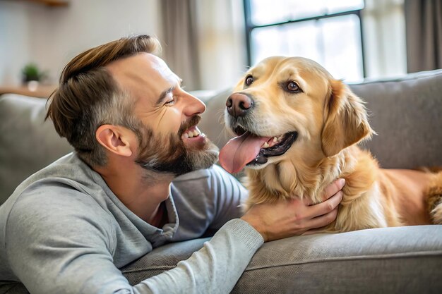 Photo man laughing while dog licks his face on couch