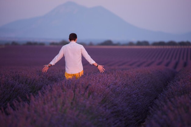 man in lavender purple flower field  relaxing