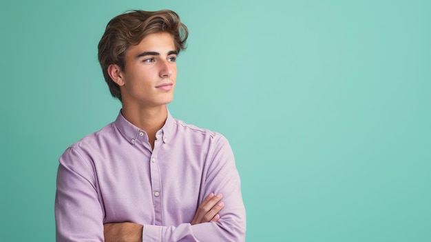 A man in a lavender shirt on a background of mint green