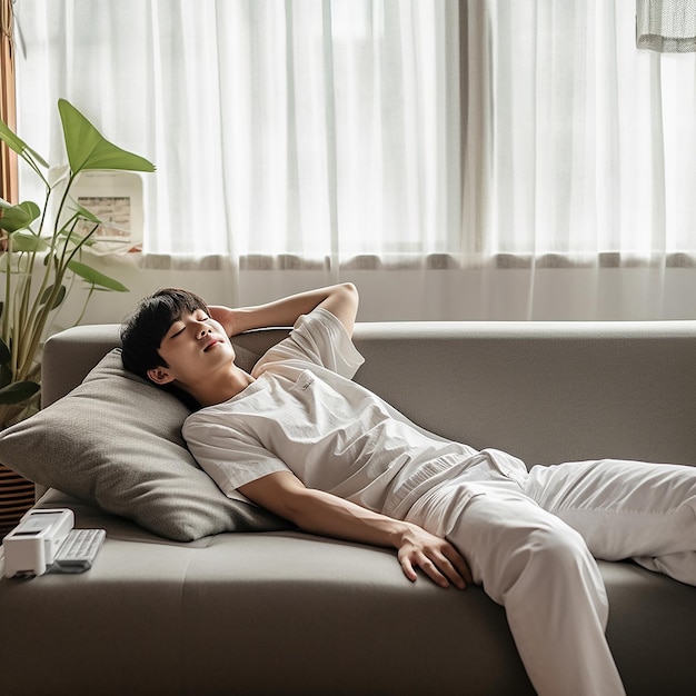 a man laying on a couch with a remote in his hand