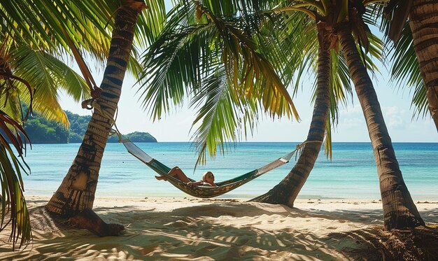 a man laying in a hammock on a beach with palm trees