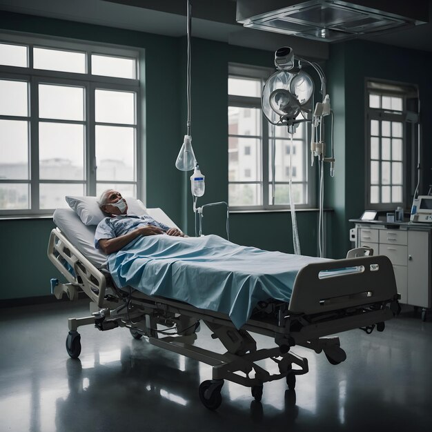 Photo a man laying in a hospital bed with a blue blanket on it