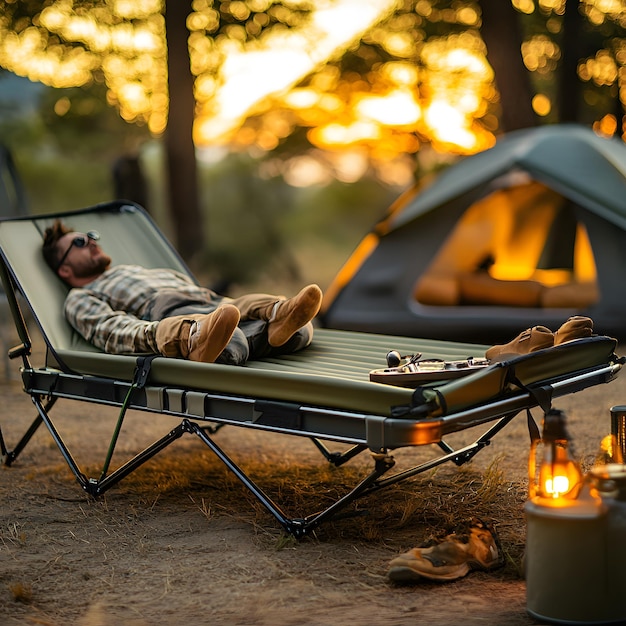 Photo a man laying in a lawn chair next to a fire place