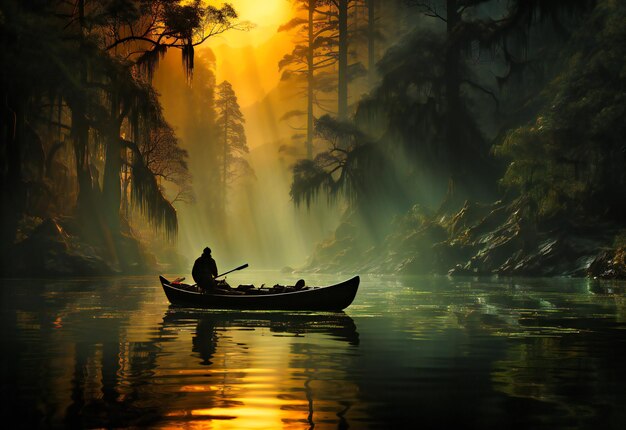 A man lays on a boat in a river in the middle of fog