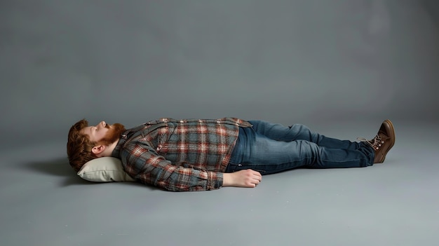 A man lays on his back on a grey background with his eyes closed