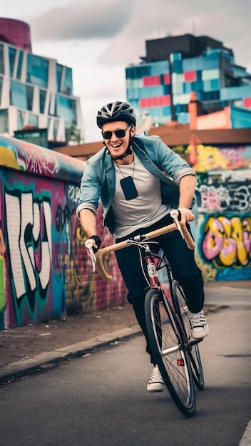 Photo man leading on bike with smartphone hanging on neck