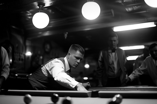 A man leaning over a pool table with a pool cue in his hand