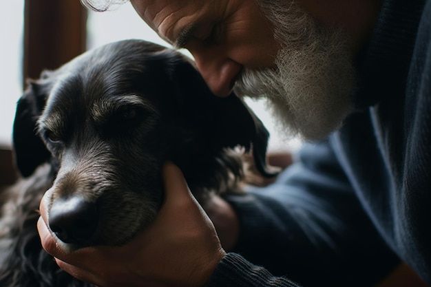 a man leans in towards an old black dog gently supporting her chin on his hand and stroking her head