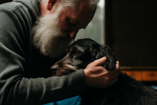 a man leans in towards an old black dog gently supporting her chin on his hand and stroking her head