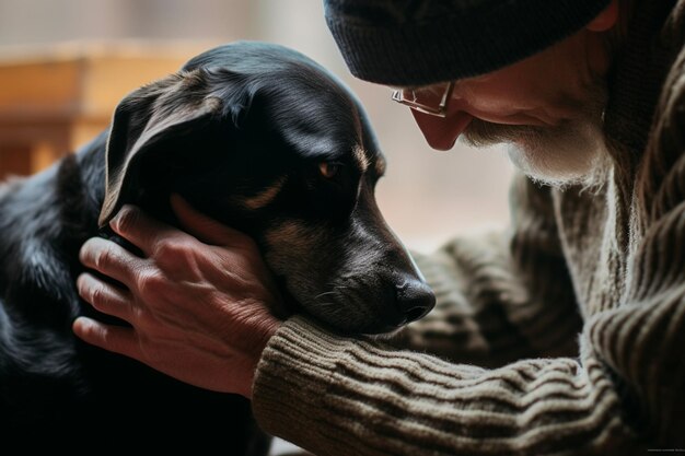 a man leans in towards an old black dog gently supporting her chin on his hand and stroking her head