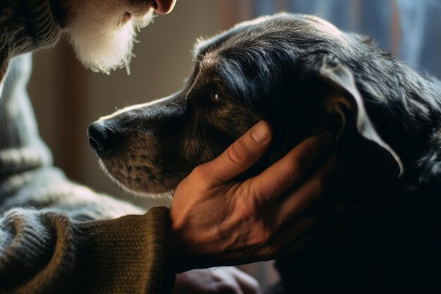 a man leans in towards an old black dog gently supporting her chin on his hand and stroking her head