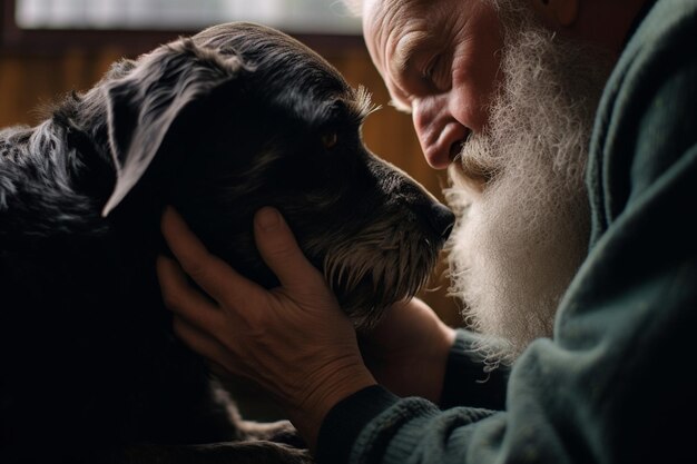 a man leans in towards an old black dog gently supporting her chin on his hand and stroking her head